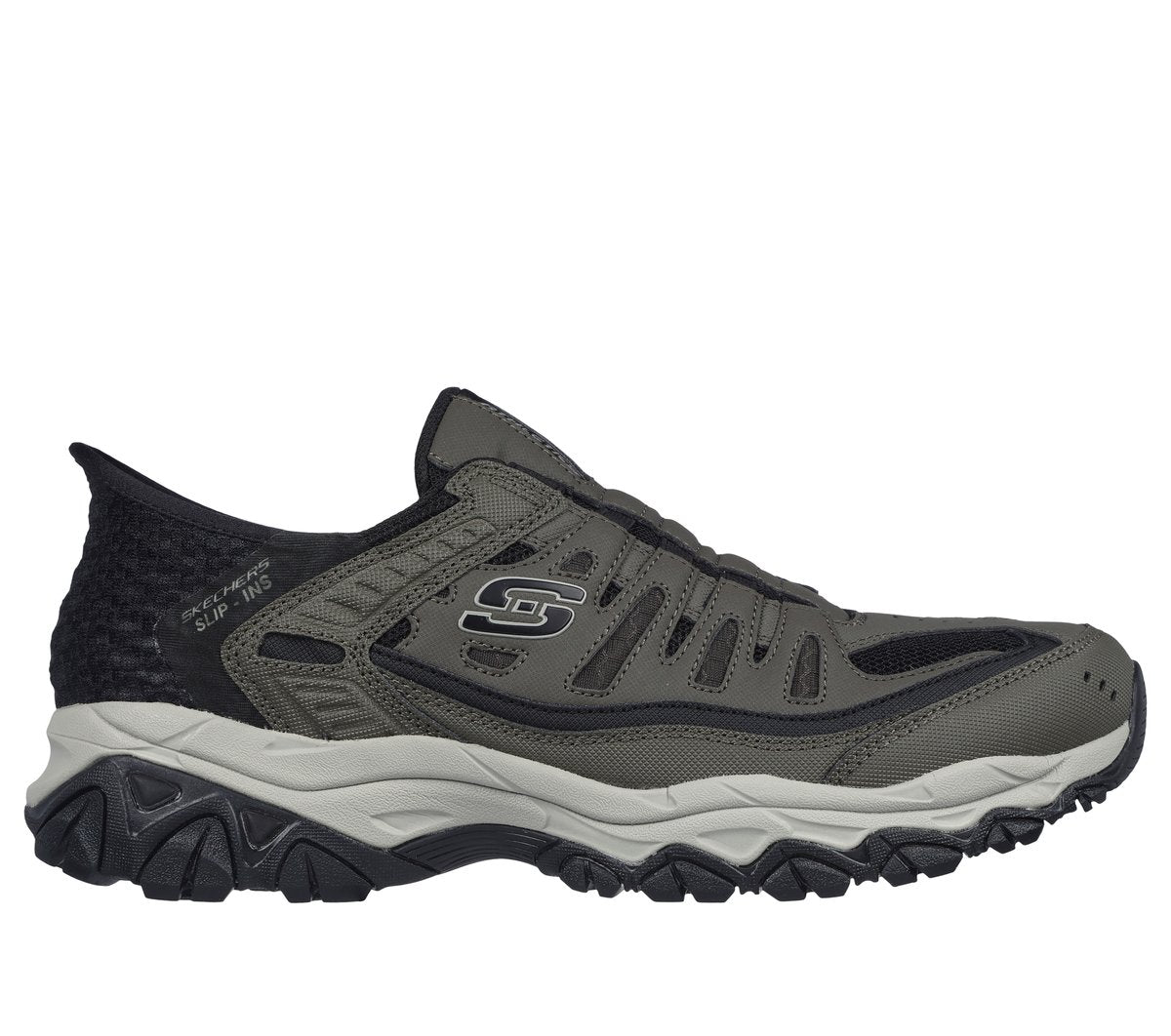 Skechers Slip-Ins Afterburn Ridgeburn men's slip-on sneaker with rugged outsole, lateral view