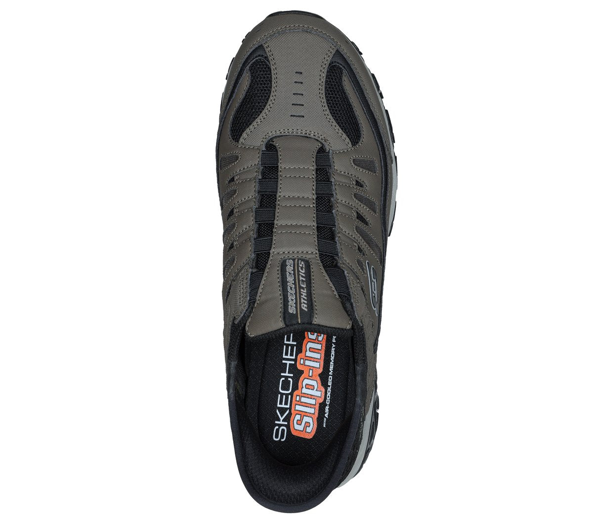 Top-down view of Skechers Slip-Ins athletic sneaker with memory foam insole label visible