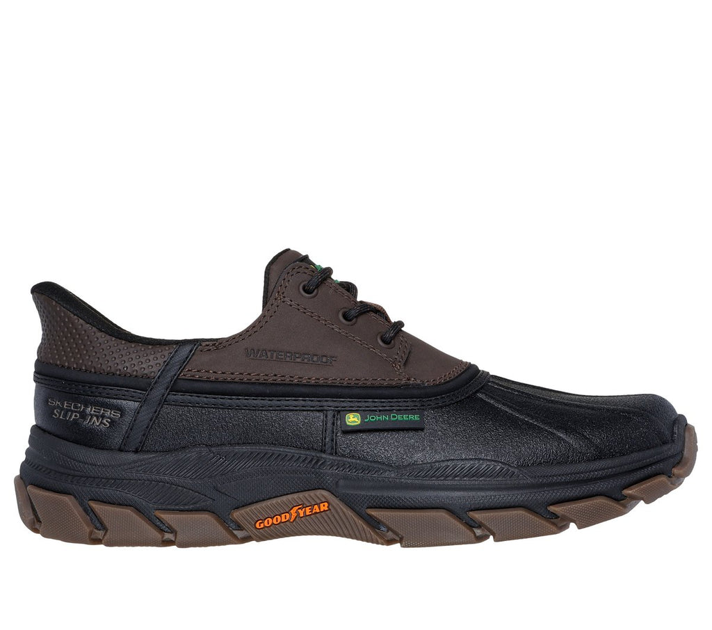 Skechers Slip-ins waterproof lace-up shoe with John Deere branding and Goodyear rubber outsole