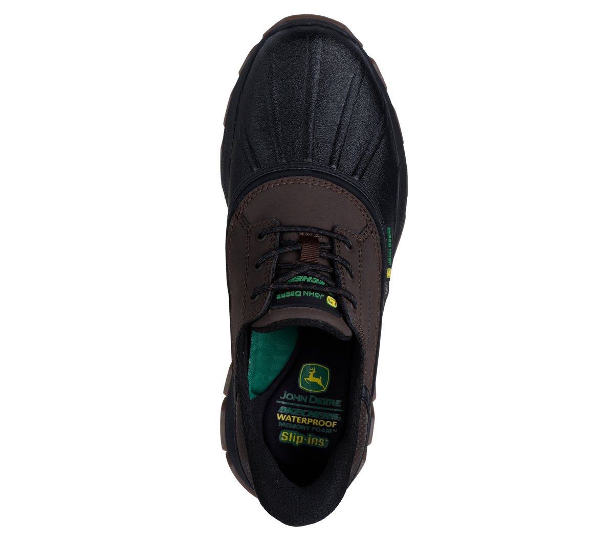 Top-down view of a John Deere waterproof slip-in shoe with lace detail and insole branding