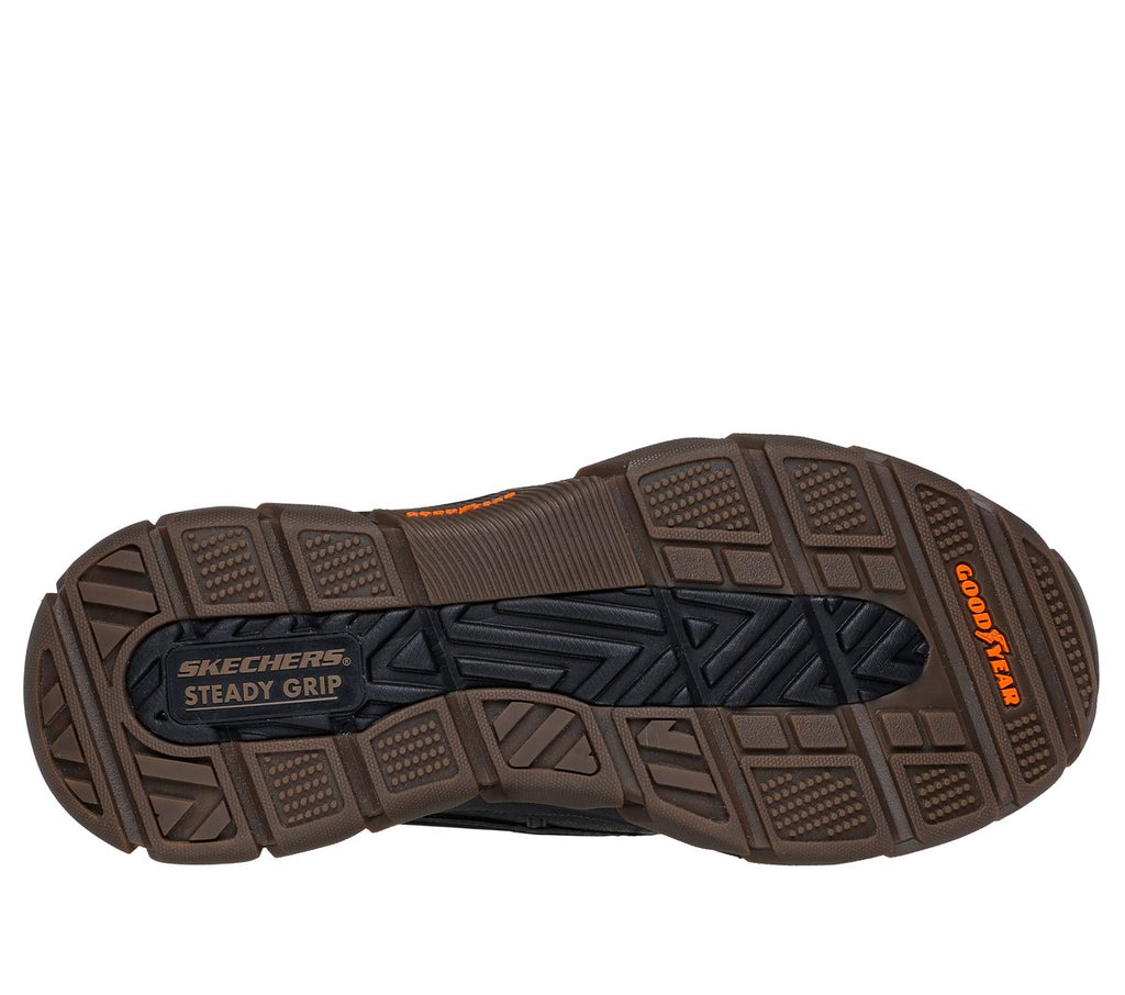 Bottom sole view of Skechers Steady Grip shoe with Goodyear rubber outsole tread pattern