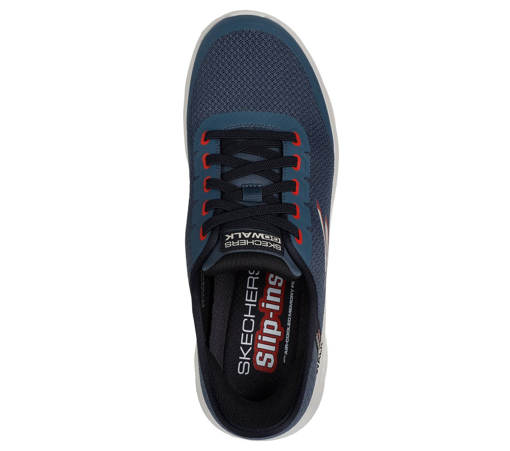 Top-down view of Skechers GO WALK Flex slip-in sneaker with black laces and red accents