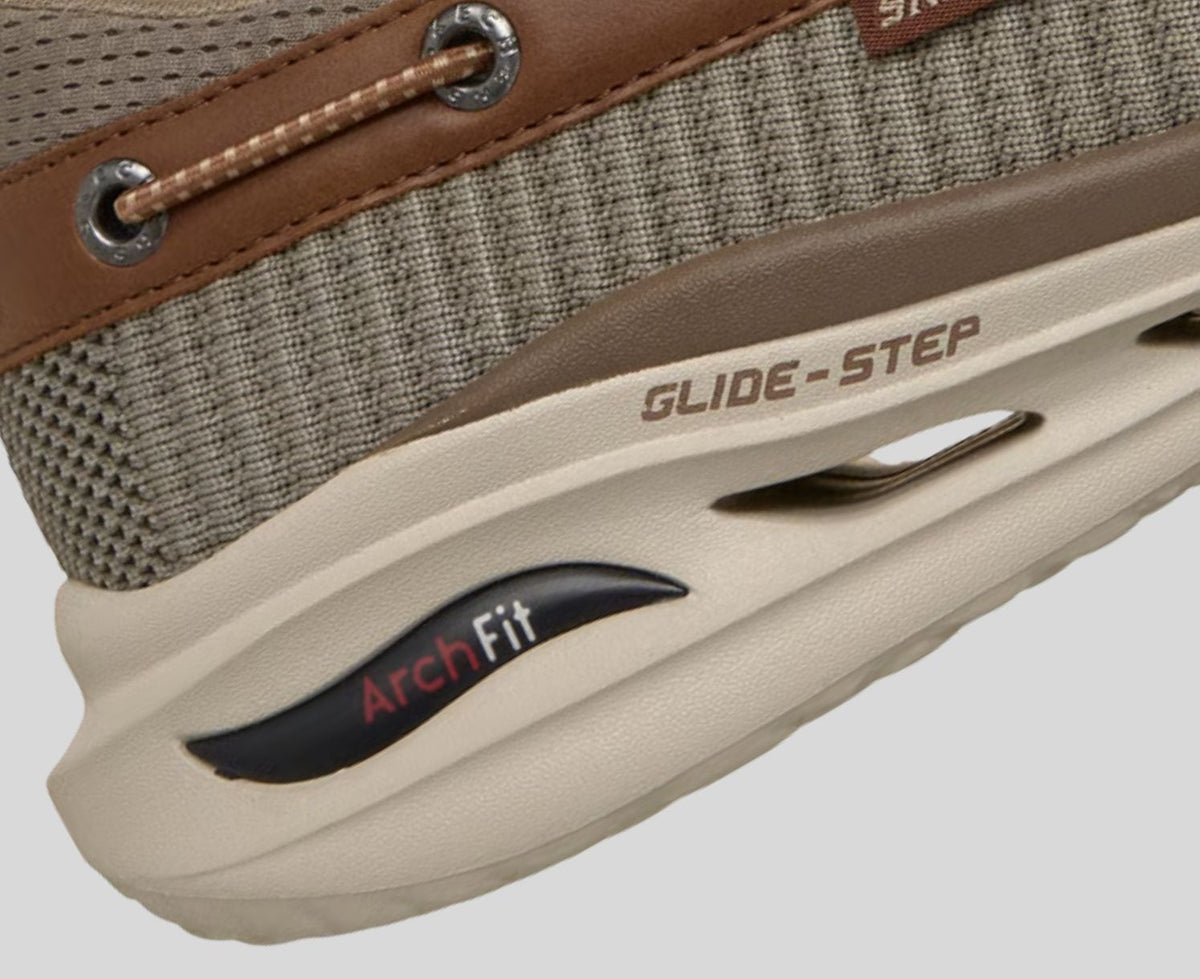 Close-up detail of Skechers Glide-Step Arch Fit midsole on a men's boat shoe