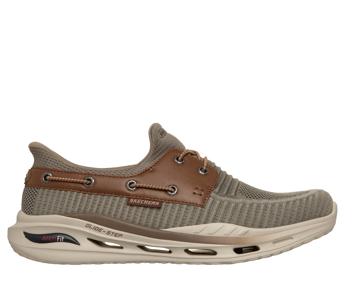 Skechers mens slip-on boat shoe with mesh upper, leather trim, and Glide-Step Arch Fit sole