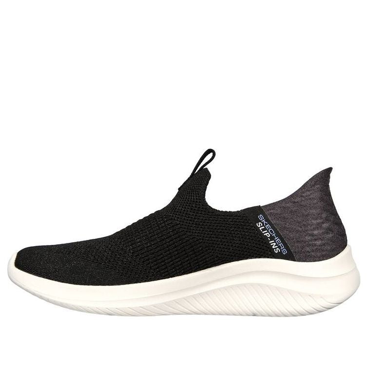 Skechers Slip-Ins Ultra Flex 3.0 slip-on sneaker with knit upper and white sole, lateral view