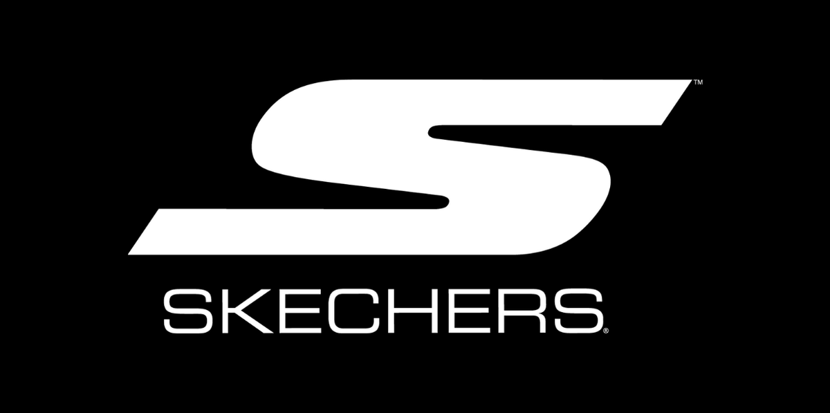 Skechers brand logo with stylized S emblem on black background, official brand identity image