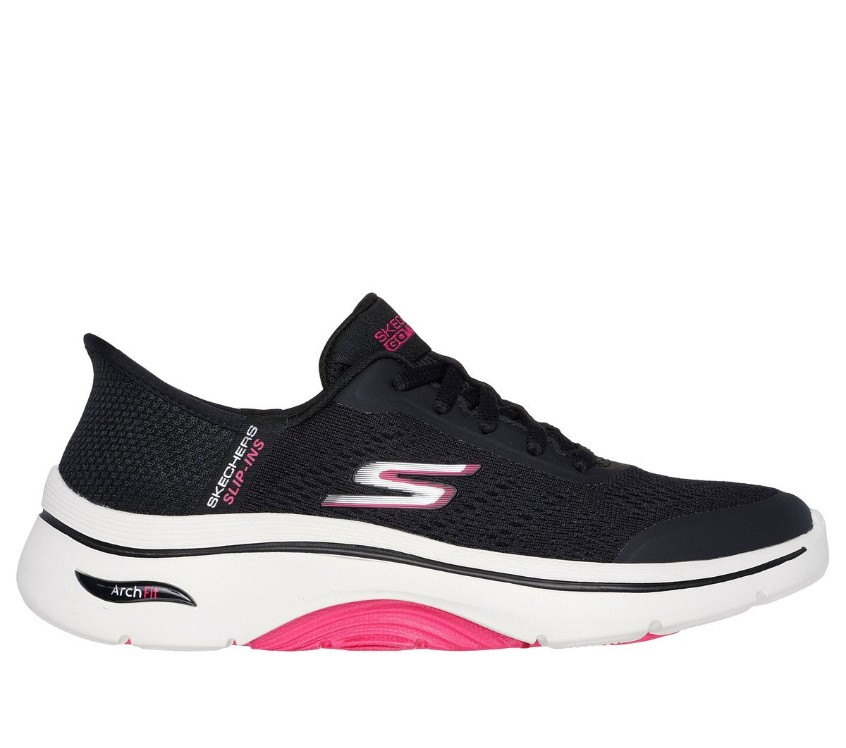 Skechers women's slip-in walking sneaker with white platform sole and pink heel accent