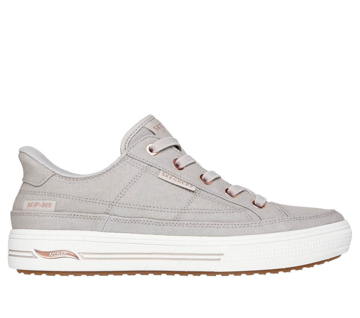 Skechers women's canvas lace-up sneaker with Arch Fit sole and rose gold eyelets