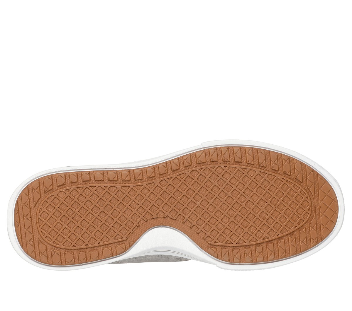 Bottom sole view of a women's sneaker showing tan rubber outsole with waffle tread pattern