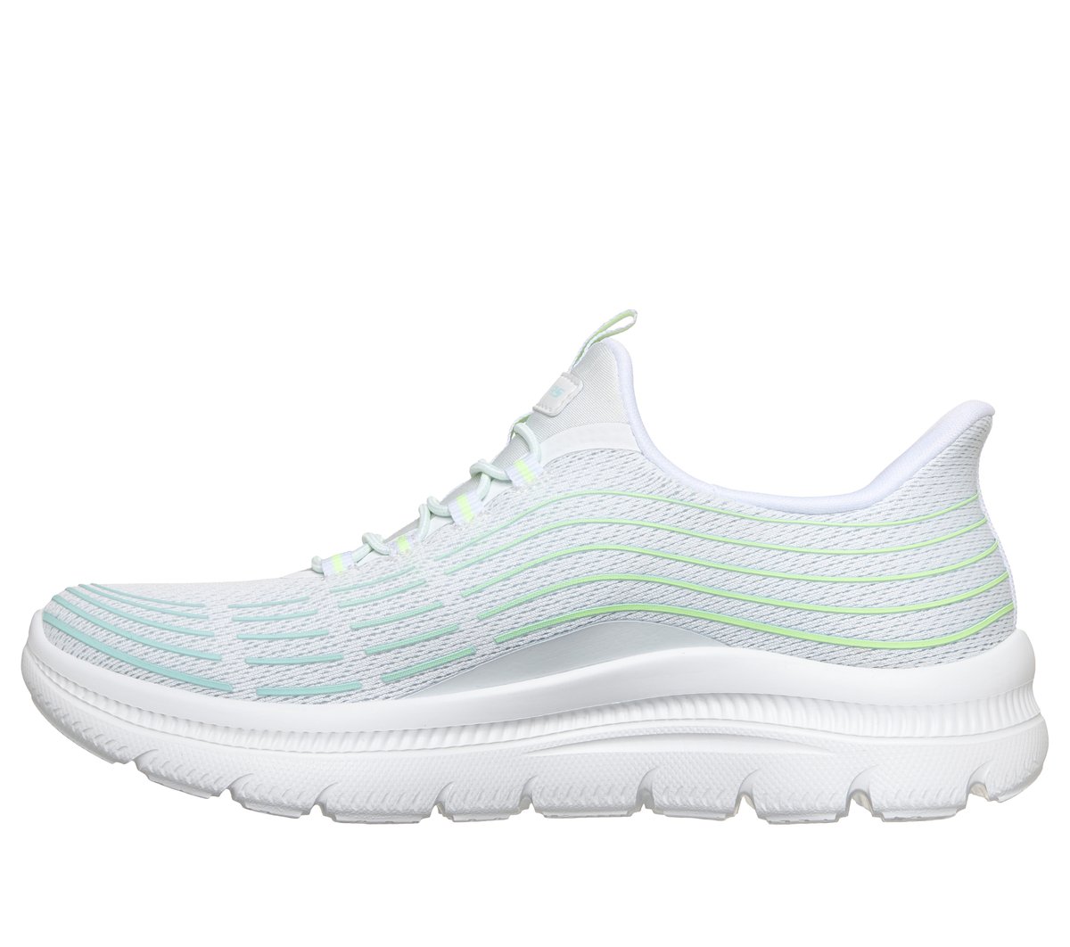 Skechers womens slip-in sneaker with wavy teal and lime green stripe detailing on mesh upper