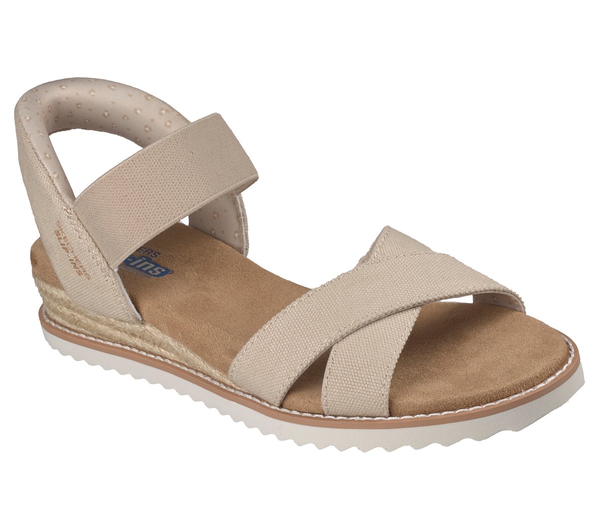 Skechers Bobs Desert Kiss womens wedge sandal with cross-strap canvas upper and espadrille sole