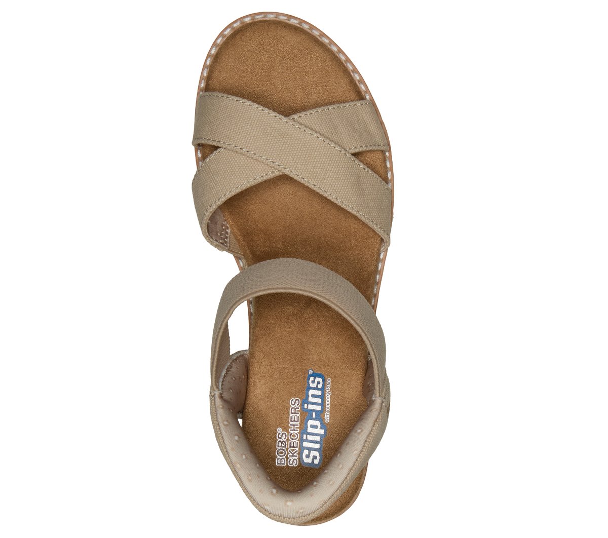Skechers BOBS Slip-ins sandal with crisscross elastic straps and cushioned footbed, top-down view