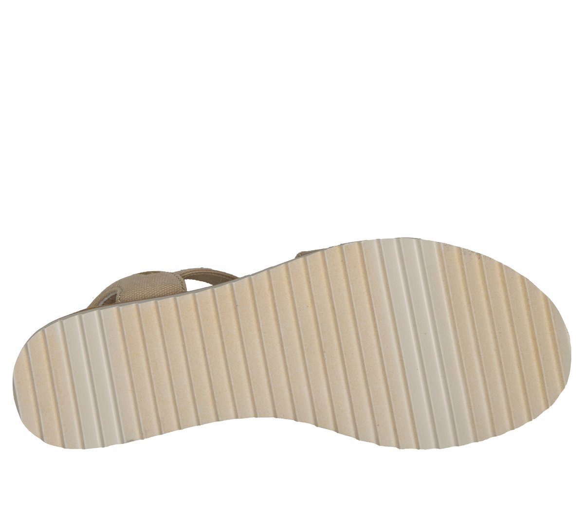 Bottom view of women's slip-in sandal showing ribbed beige outsole tread pattern
