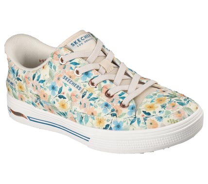Skechers women's canvas sneaker with floral print upper and white sole, lace-up style