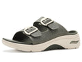 Skechers women's slide sandal with rhinestone embellished dual buckle straps and chunky arch-support sole
