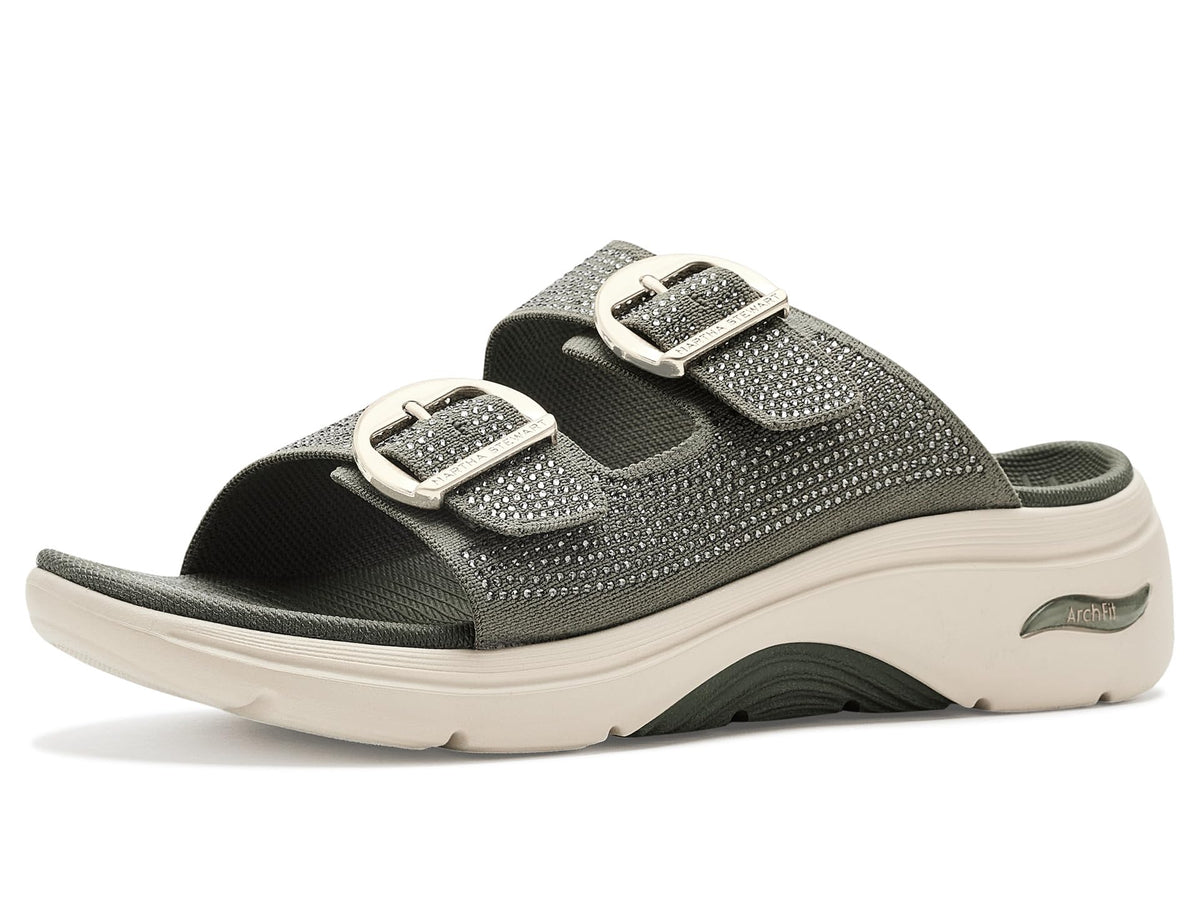 Skechers women's slide sandal with rhinestone embellished dual buckle straps and chunky arch-support sole