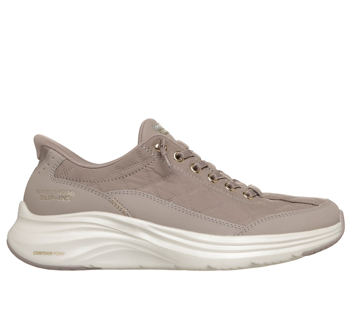 Skechers Slip-ins womens sneaker with quilted upper, gold eyelets, and contour foam sole