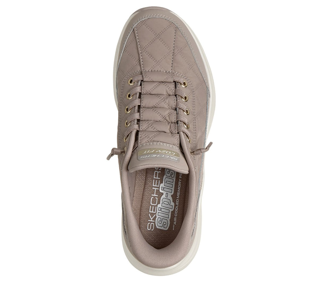 Top-down view of a taupe quilted Skechers Slip-ins sneaker with gold eyelets and laces