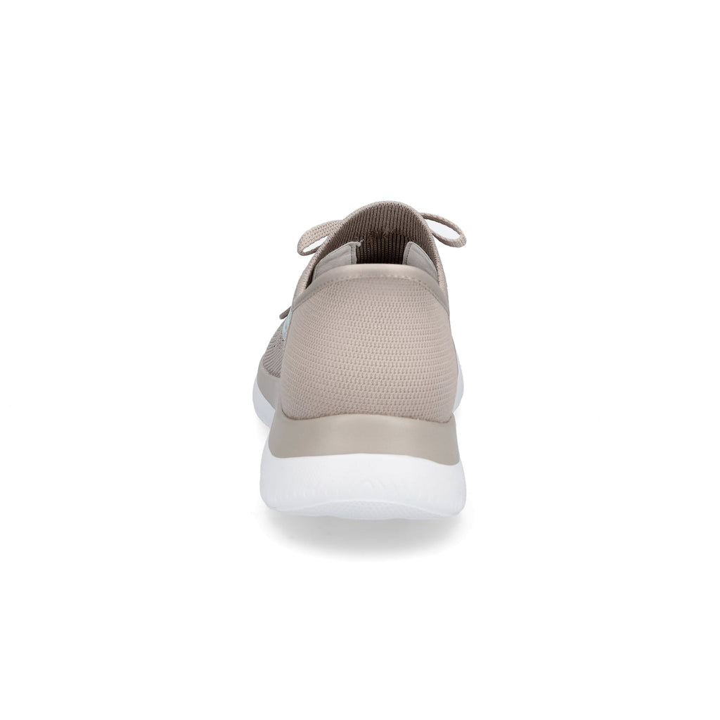 Skechers slip-on sneaker heel view showing taupe mesh upper and white outsole