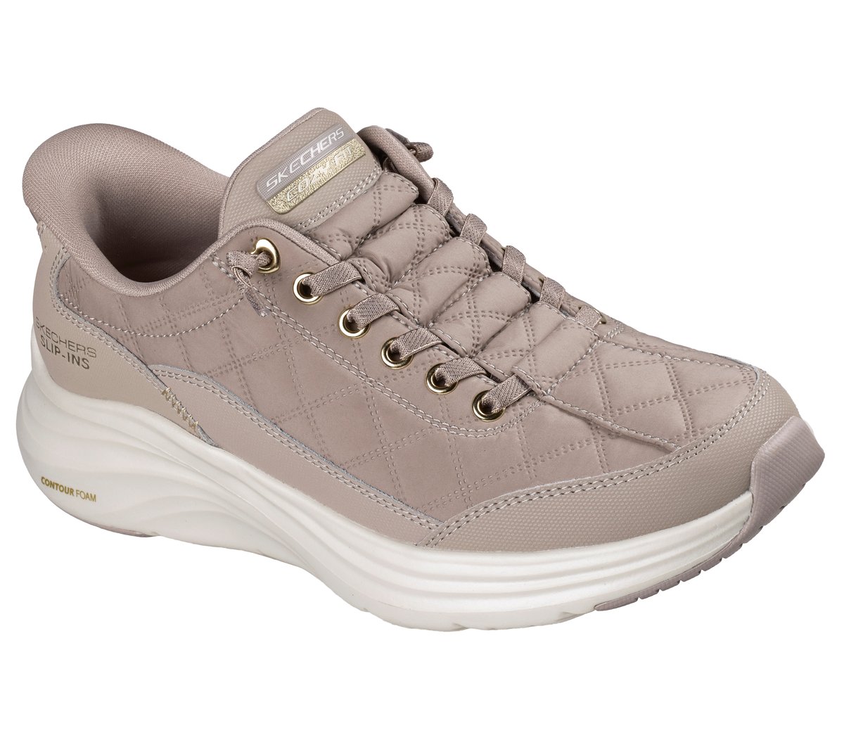Skechers Slip-ins womens sneaker with quilted upper, gold eyelets, and chunky white sole