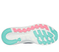 Bottom sole view of Skechers women's sneaker with pink and teal traction pattern