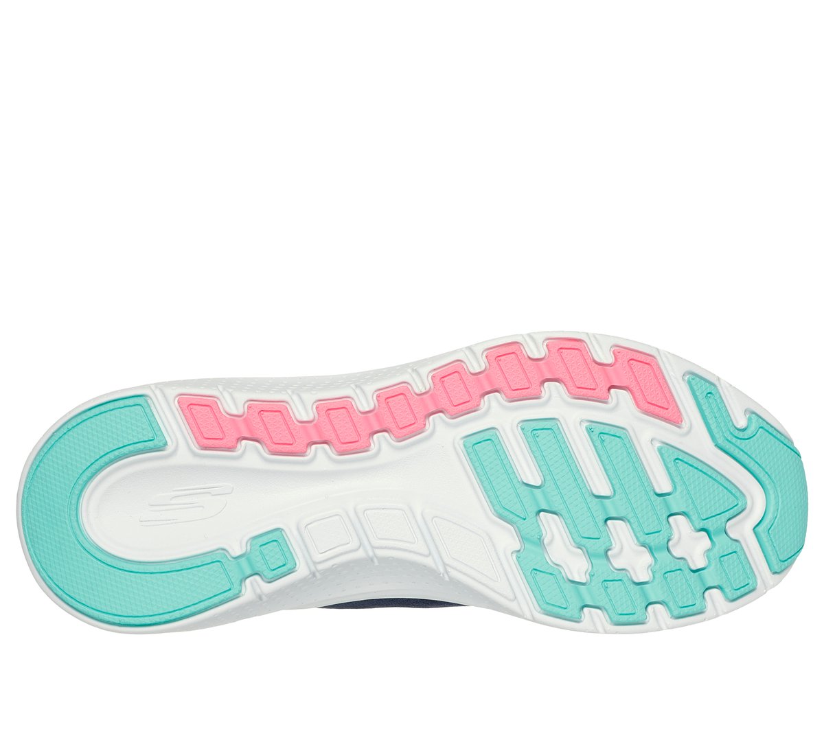 Bottom sole view of Skechers women's sneaker with pink and teal traction pattern