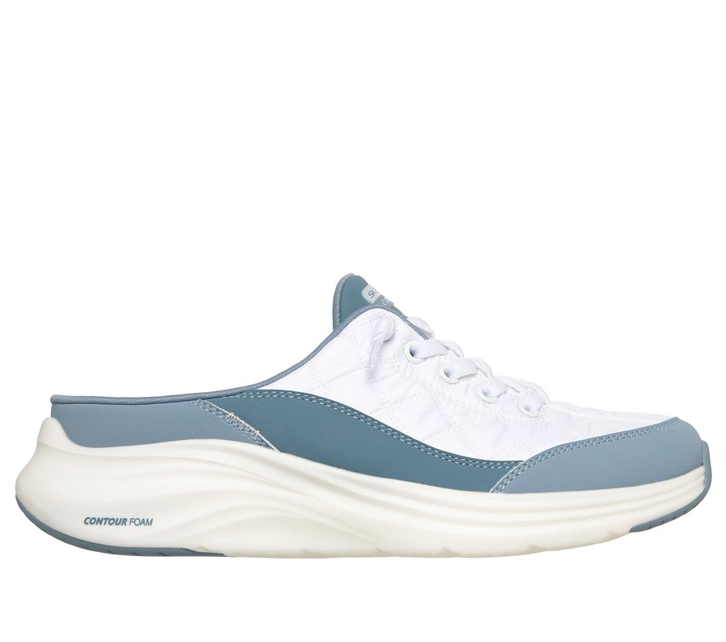 Skechers slip-on sneaker mule with lace detail and contour foam sole, lateral view