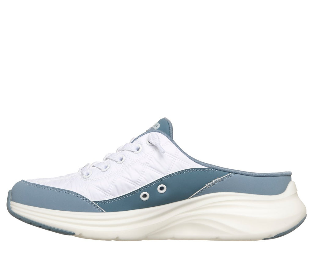 Skechers women's slip-on mule sneaker with lace detail and chunky white sole, lateral view