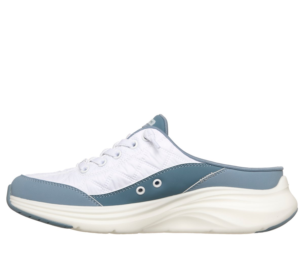 Skechers women's slip-on mule sneaker with lace detail and chunky white sole, lateral view