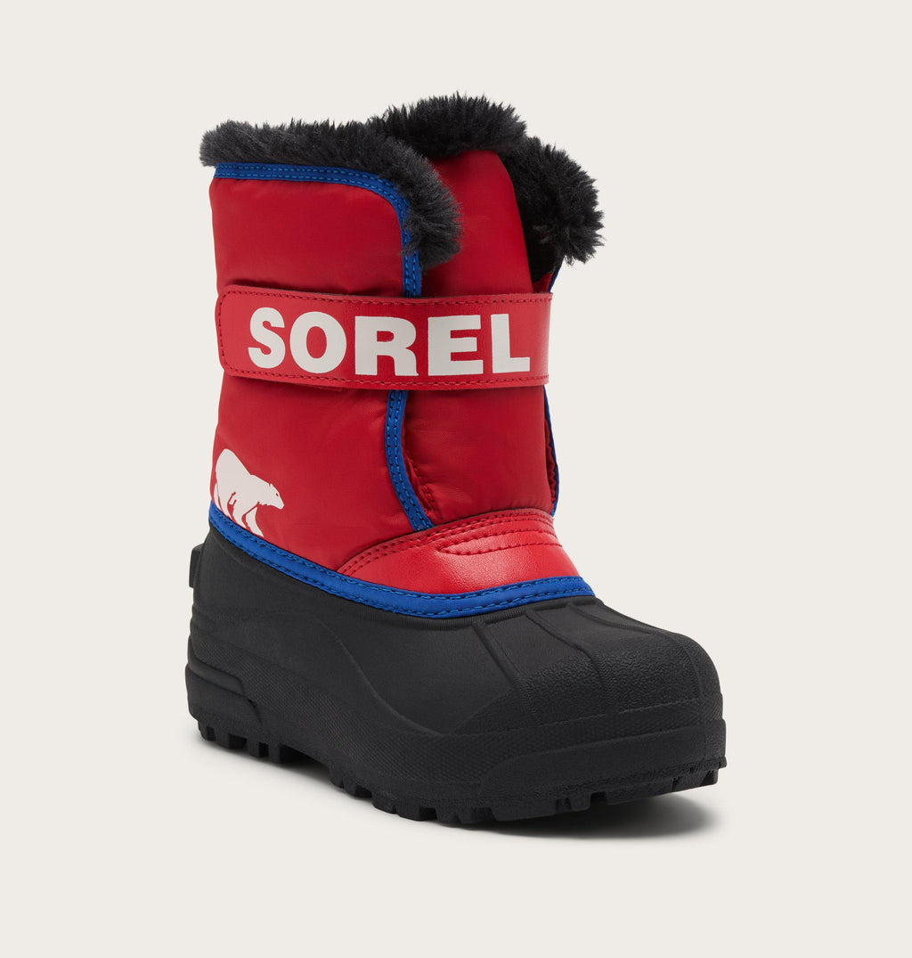 Kids Sorel Snow Commander winter boot with faux fur cuff and velcro strap