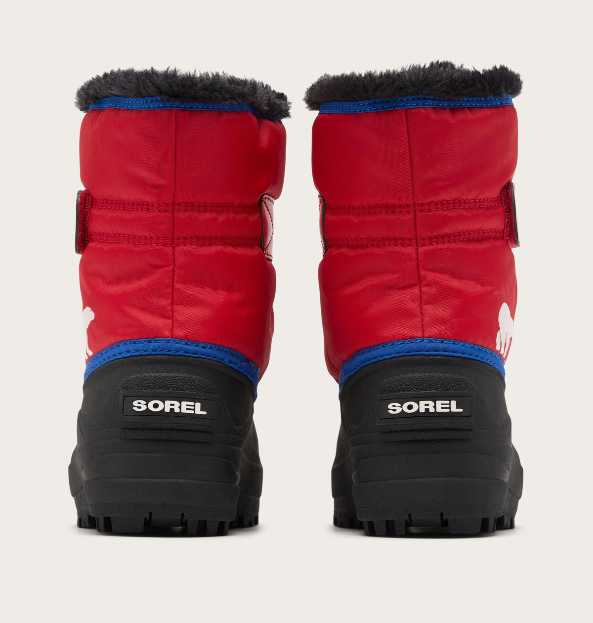 Kids Sorel Snow Commander winter boots shown from the back, pair view
