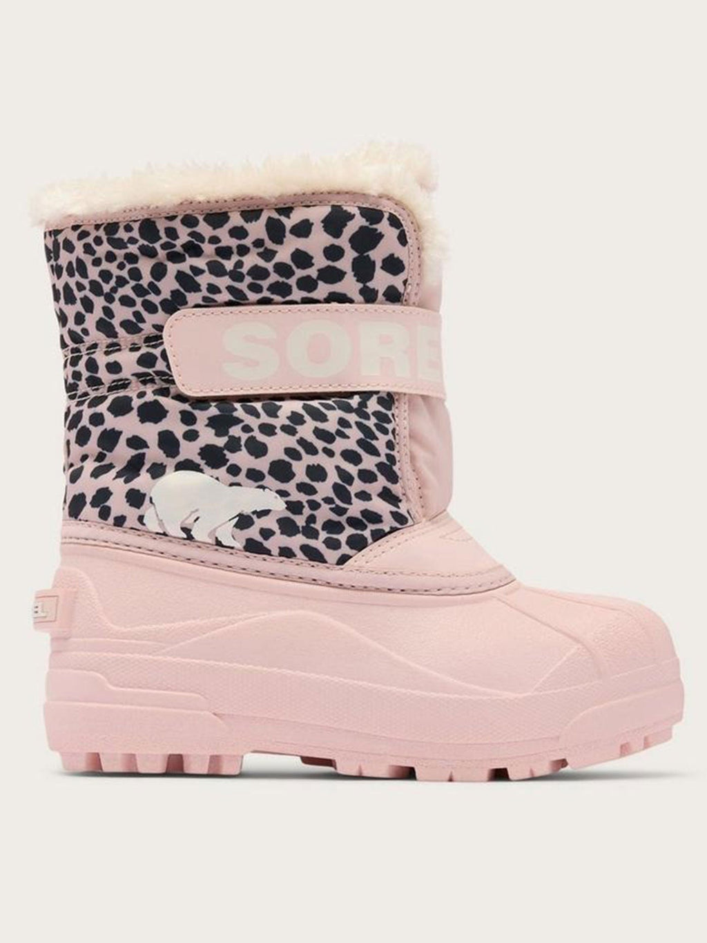 Sorel Kids Snow Commander boot with leopard print upper, faux fur cuff, and velcro strap
