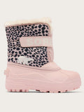 Sorel Kids Snow Commander boot with leopard print upper, faux fur cuff, and velcro strap