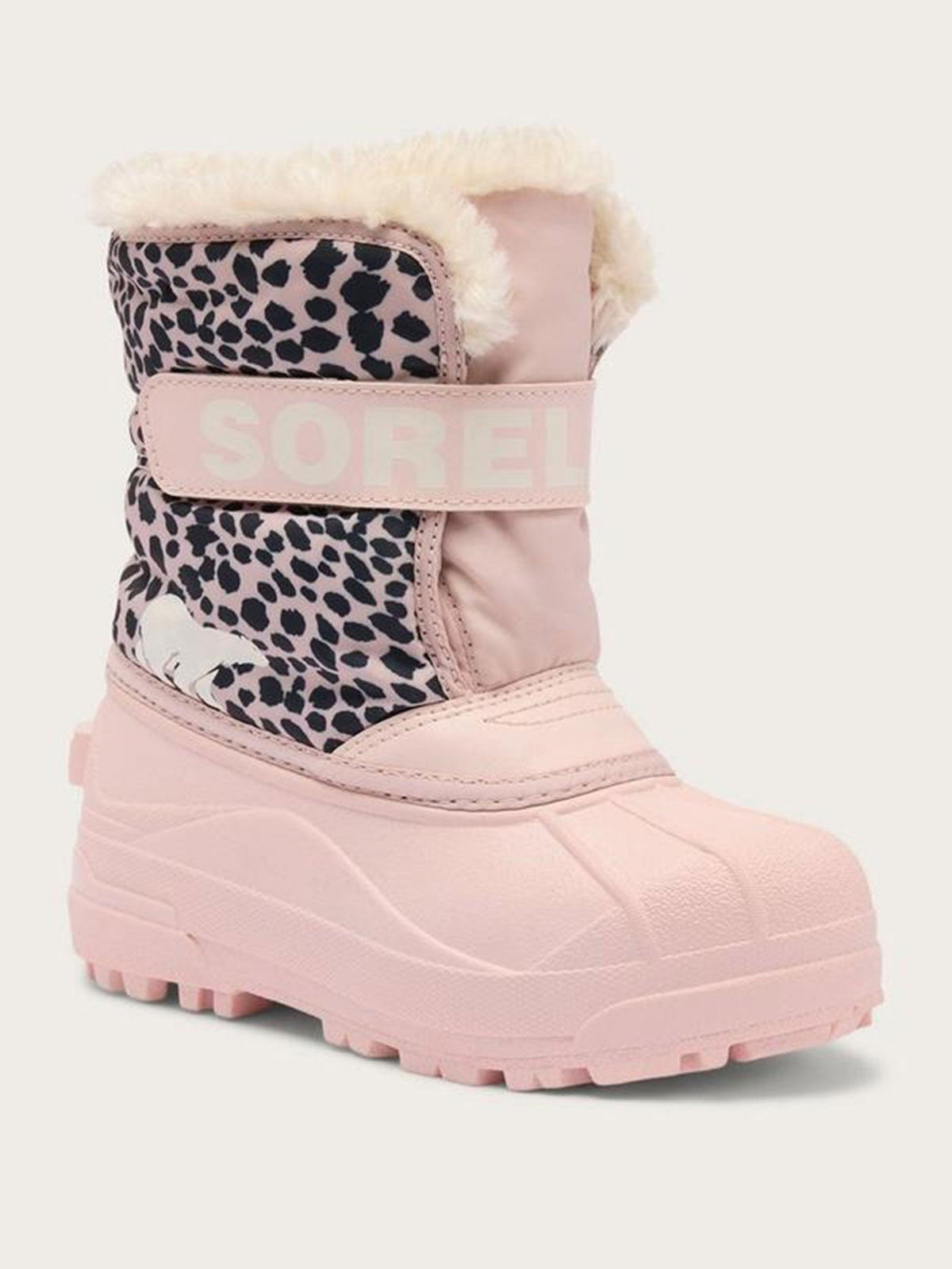 Sorel Kids Snow Commander winter boot with leopard print upper and faux fur cuff