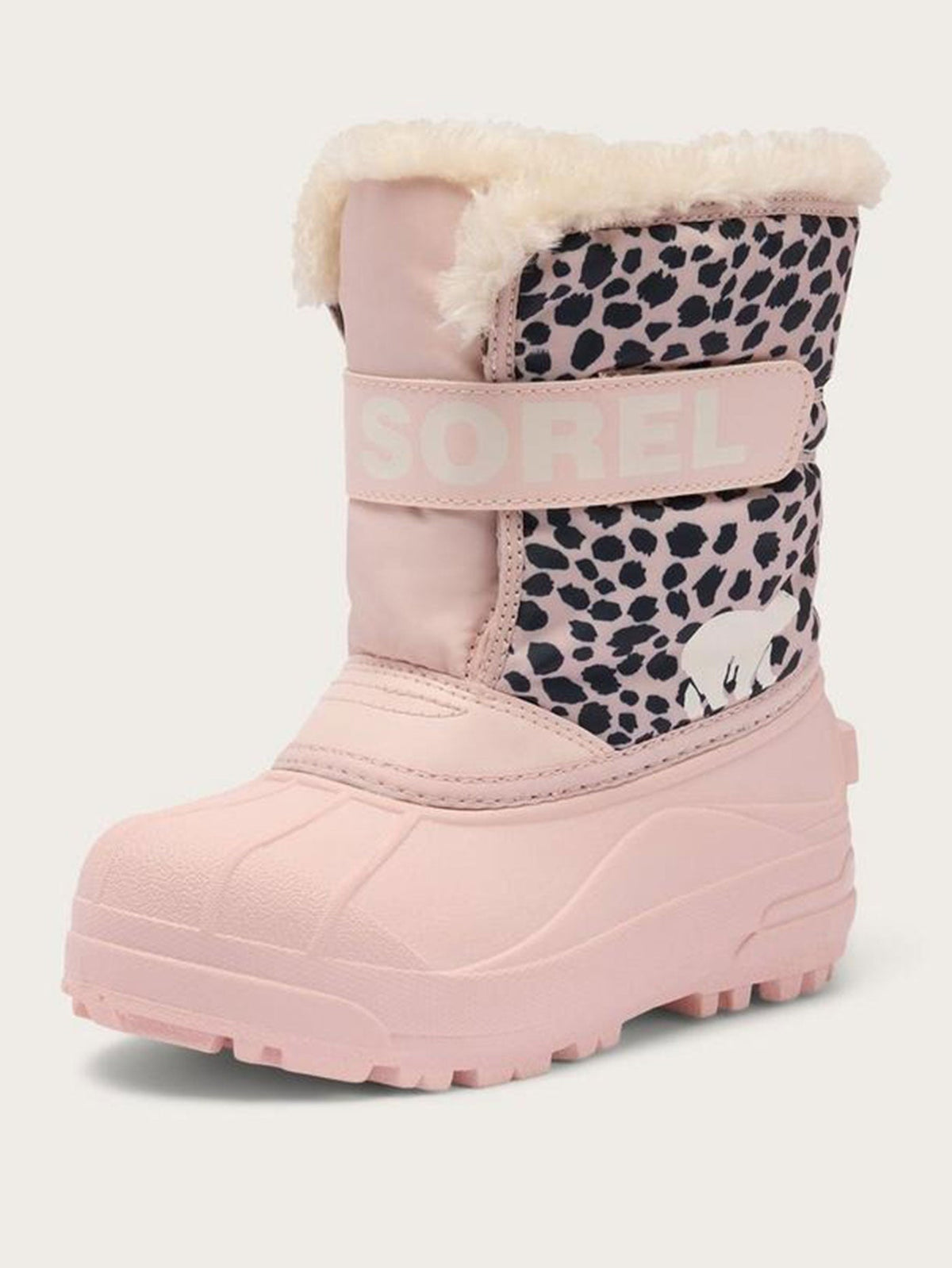 Sorel Kids Snow Commander winter boot with leopard print upper and faux fur cuff
