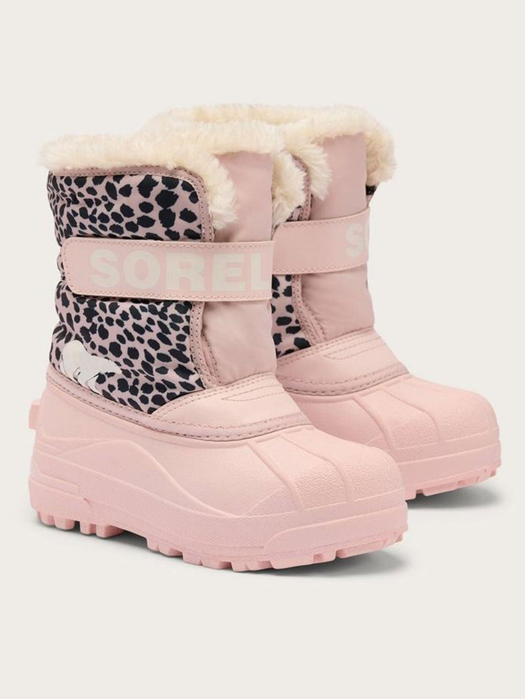 Sorel Kids Snow Commander winter boots with faux fur trim and leopard print strap detail