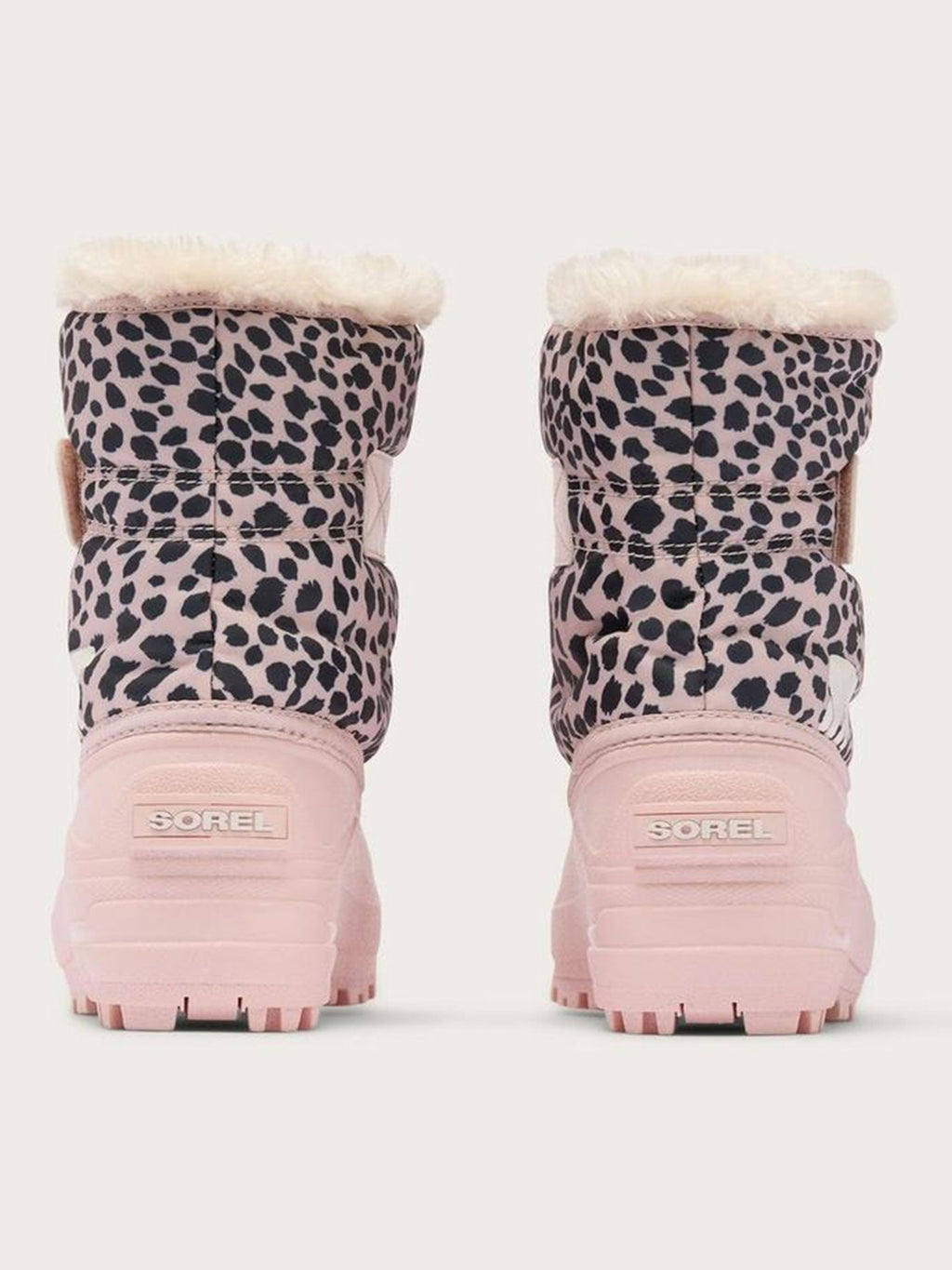 Sorel Kids Snow Commander winter boots back view with leopard print and fur lining