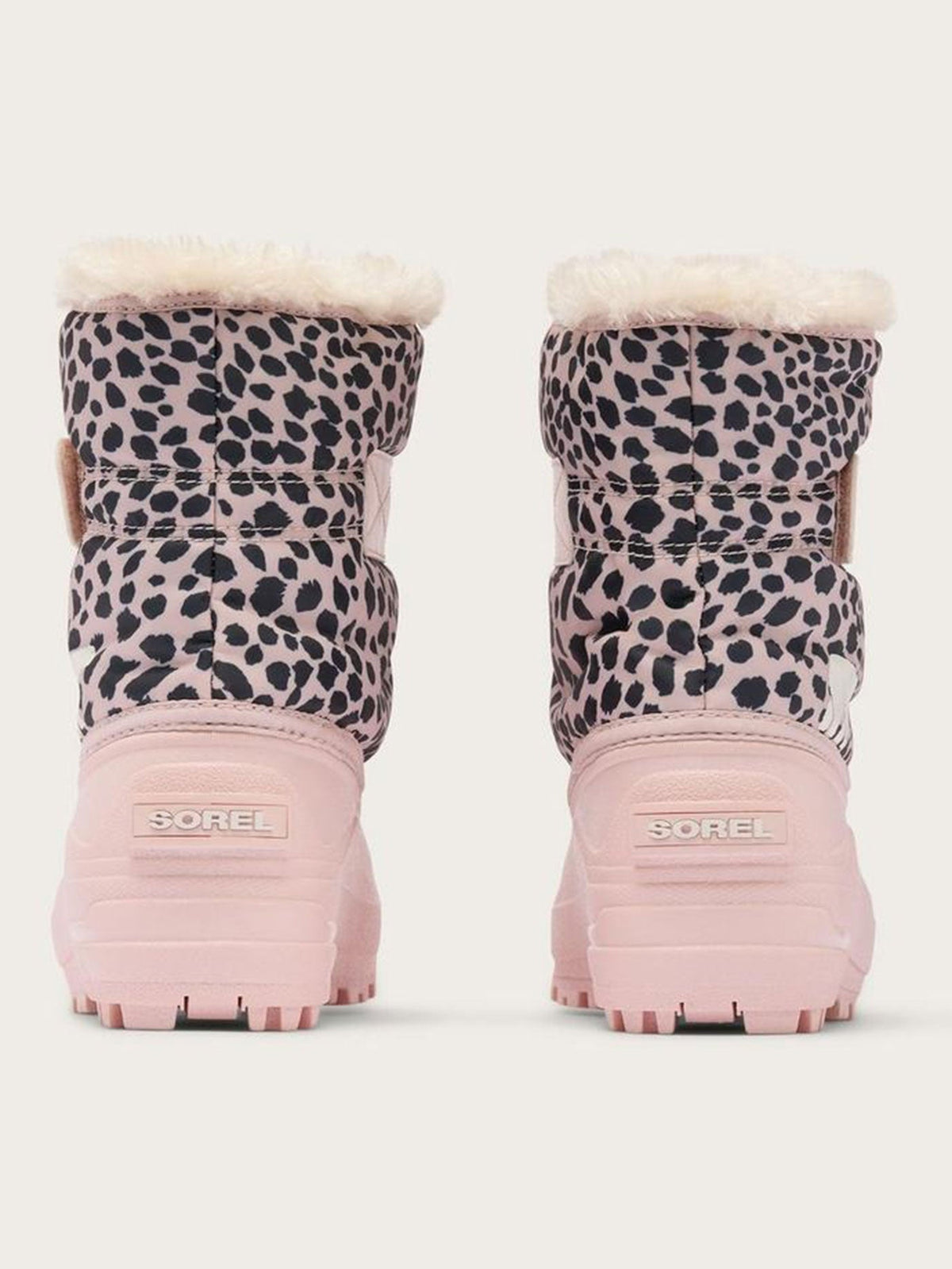 Sorel Kids Snow Commander winter boots back view with leopard print and fur lining