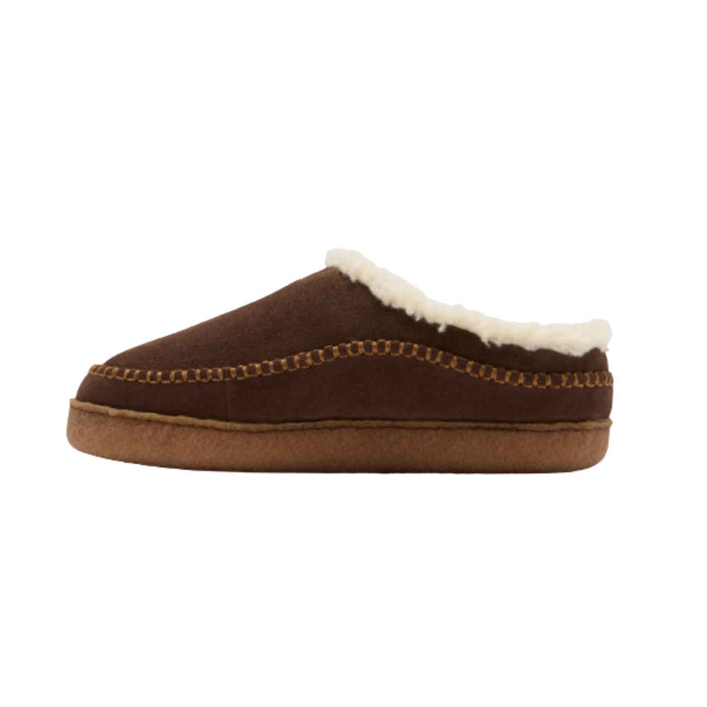 Men's suede moccasin slipper with sherpa lining and whipstitch detailing on tan sole
