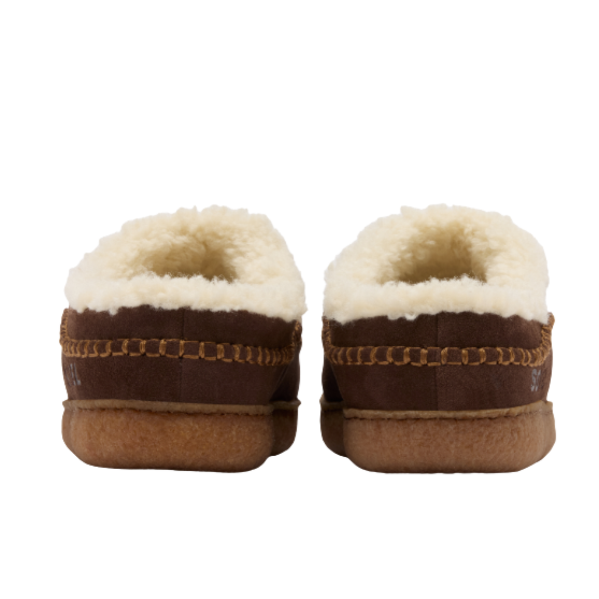 Pair of men's shearling-lined moccasin slippers viewed from the back showing heel and fur collar