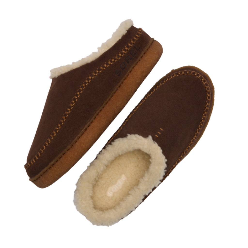 Pair of Sorel men's suede moccasin slippers with sherpa wool lining, top-down view