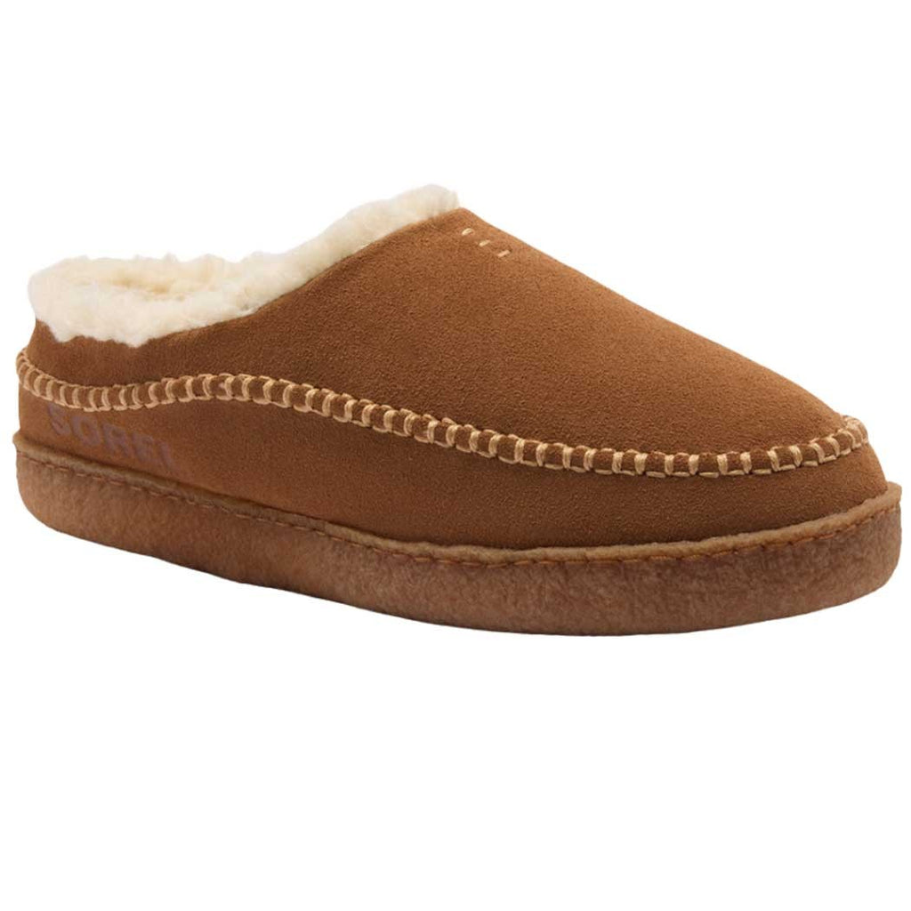 Sorel men's suede moccasin slipper with sherpa fur lining and whipstitch detail