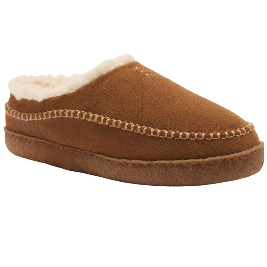 Sorel men's suede moccasin slipper with sherpa fur lining and whipstitch detail