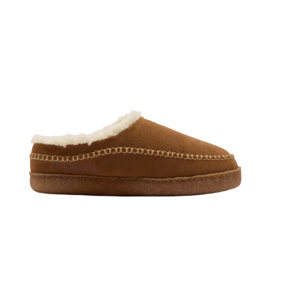 Men's suede moccasin slipper with sherpa fleece lining and crepe rubber outsole