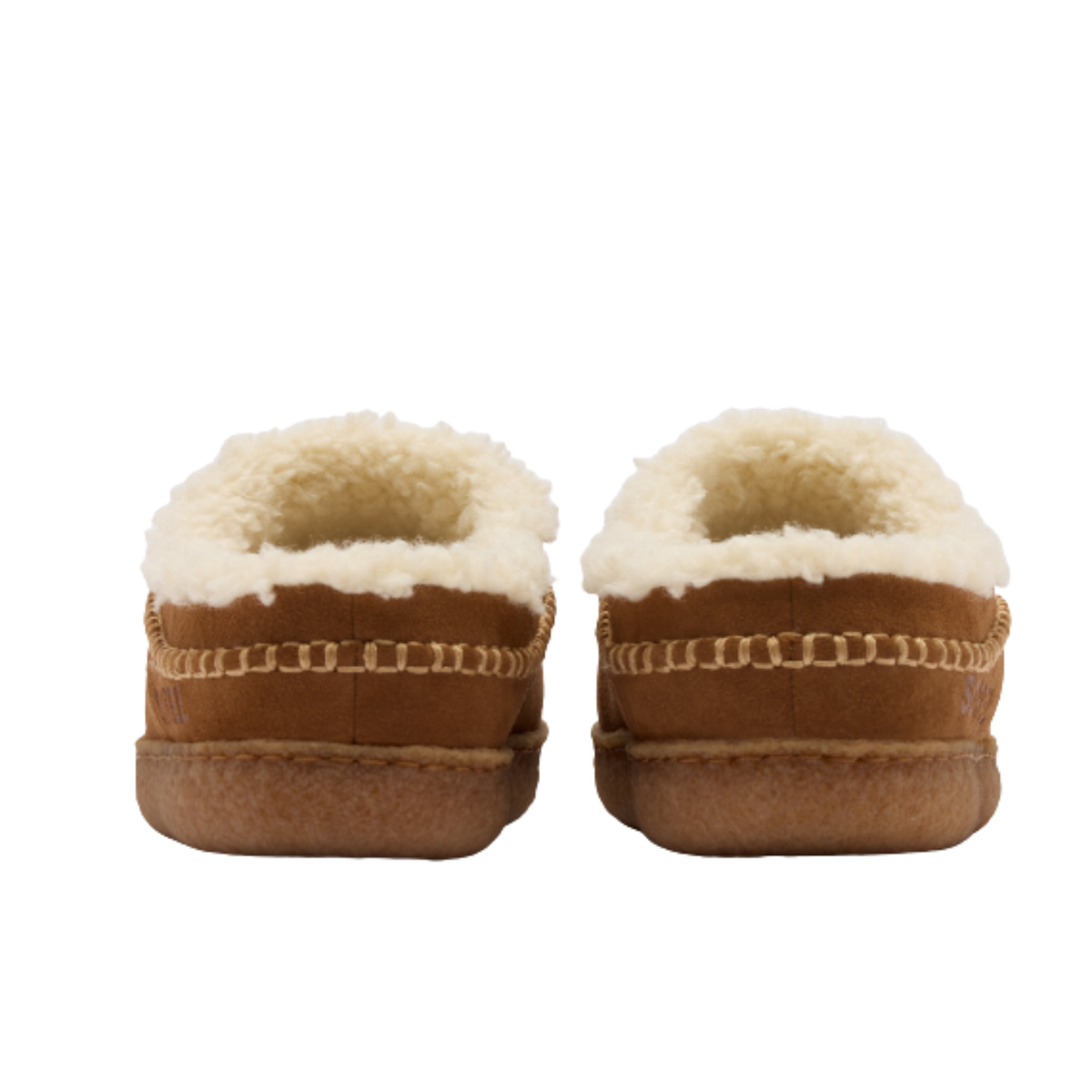 Pair of men's moccasin slippers with sherpa lining shown from the back