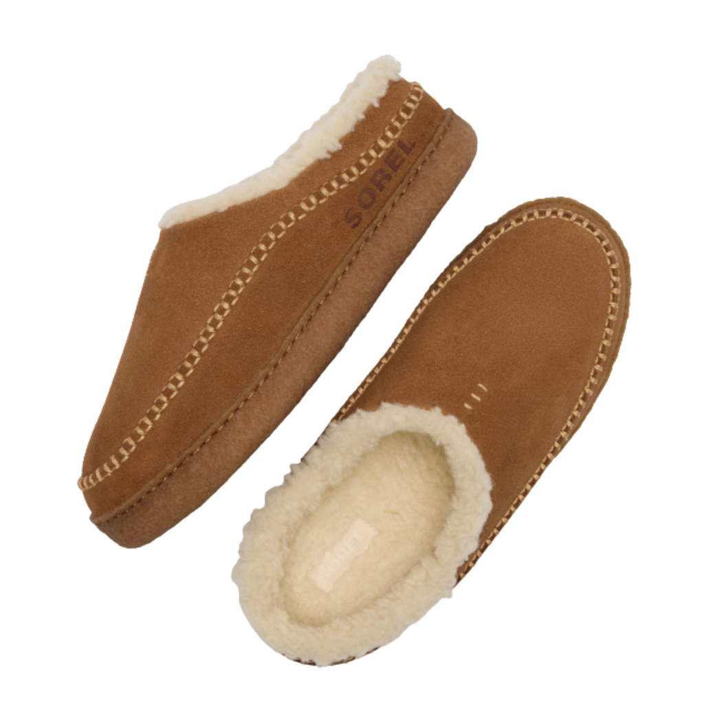 Sorel men's slip-on moccasin slippers with shearling lining and suede upper, shown as a pair
