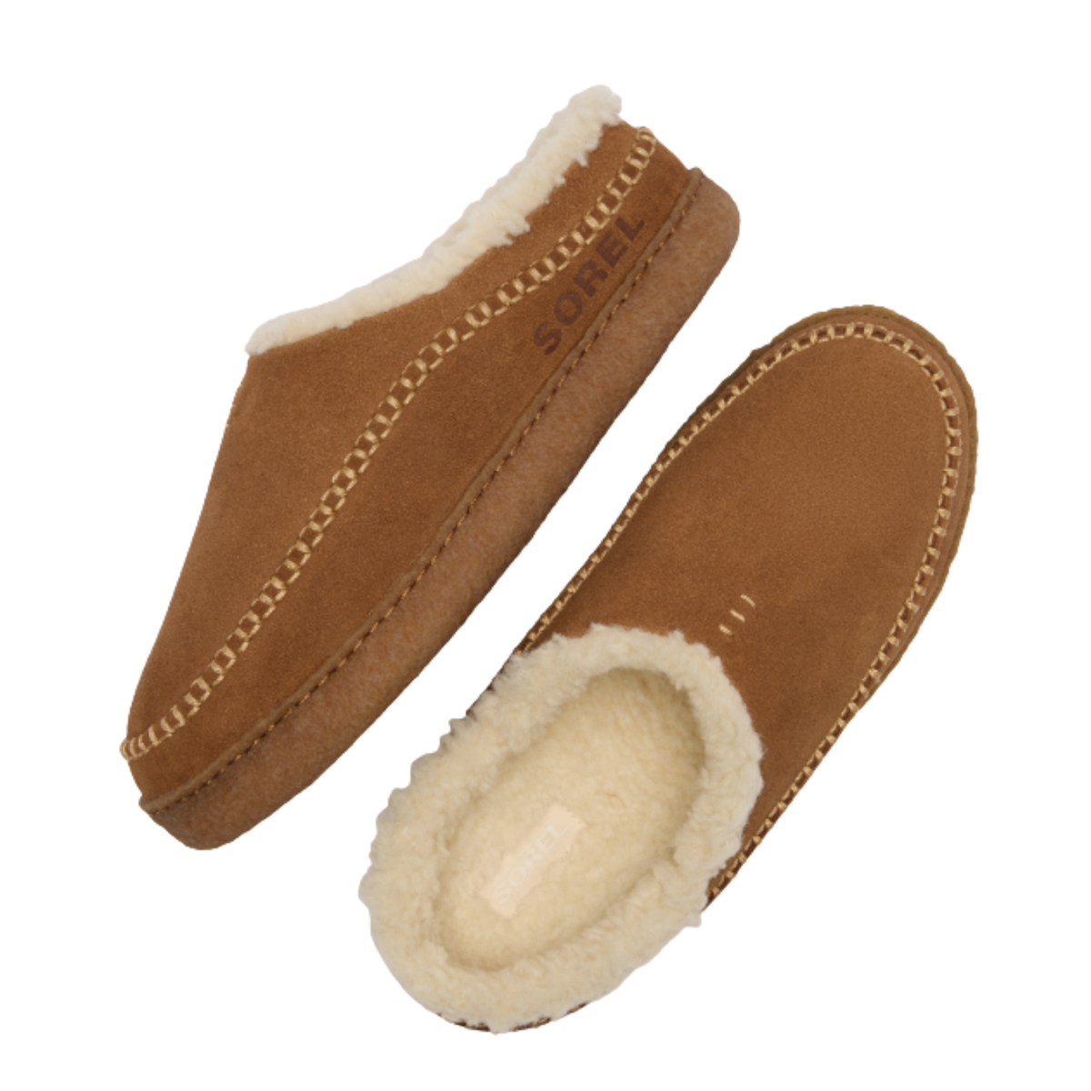 Sorel men's slip-on moccasin slippers with shearling lining and suede upper, shown as a pair