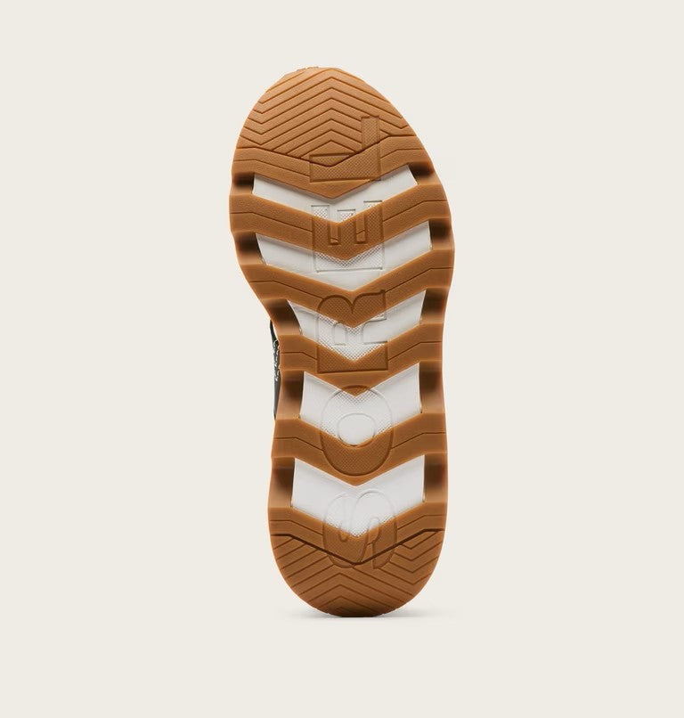 Bottom view of Sorel Kinetic Ember sneaker showing gum rubber outsole with chevron tread pattern