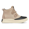 Sorel waterproof lace-up duck boot with tan suede upper and black rubber toe