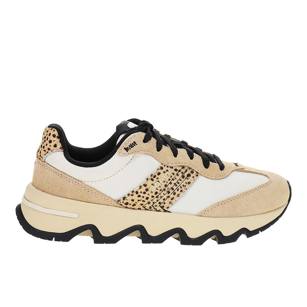 Sorel Kinetic Ember womens sneaker with leopard print accents and chunky wavy sole